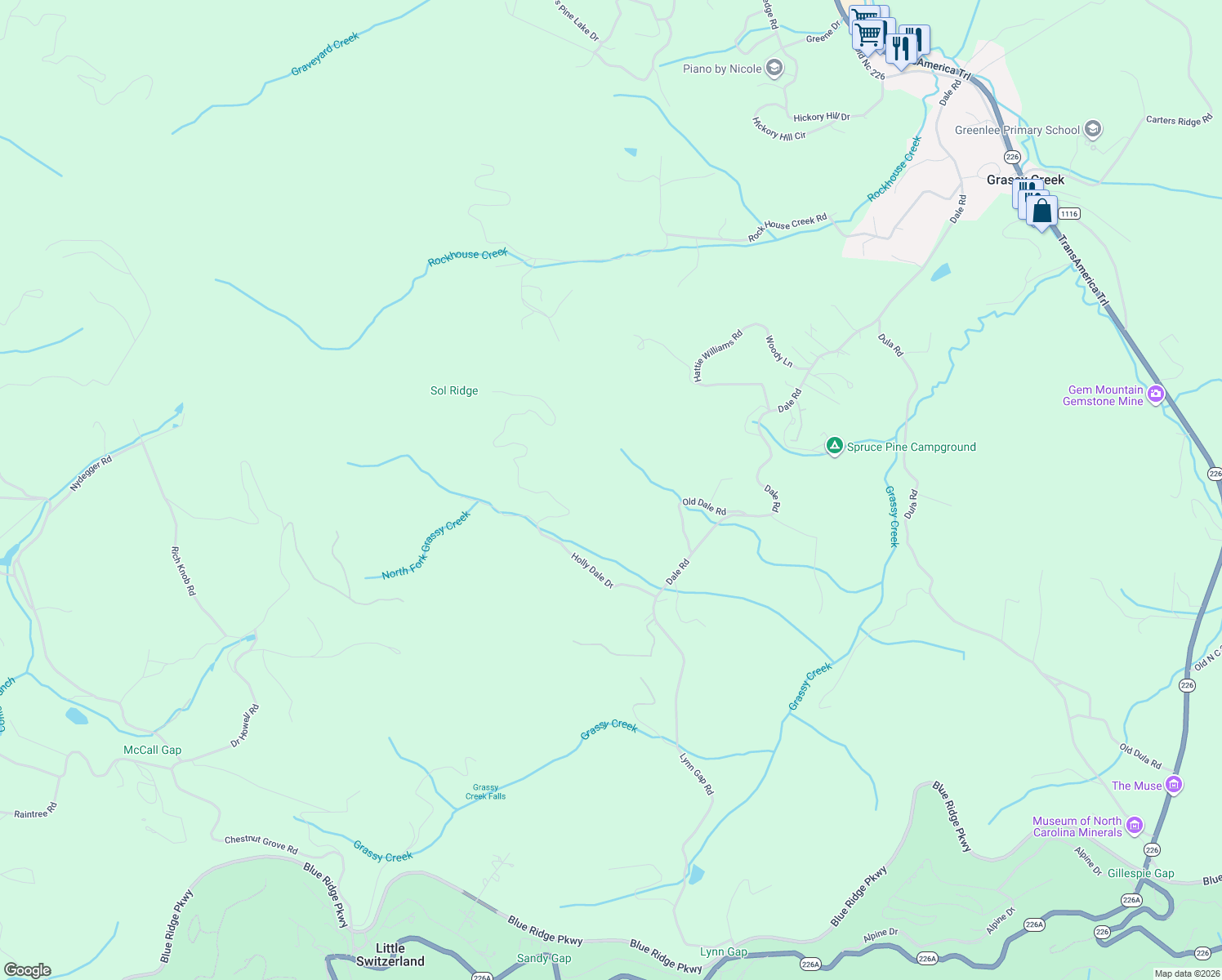 map of restaurants, bars, coffee shops, grocery stores, and more near 120 Holly Dale Drive in Spruce Pine