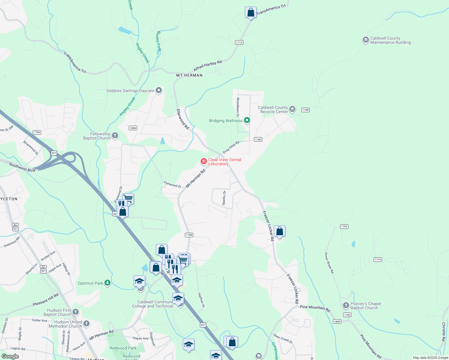 map of restaurants, bars, coffee shops, grocery stores, and more near 2617 Faras Lane in Hudson