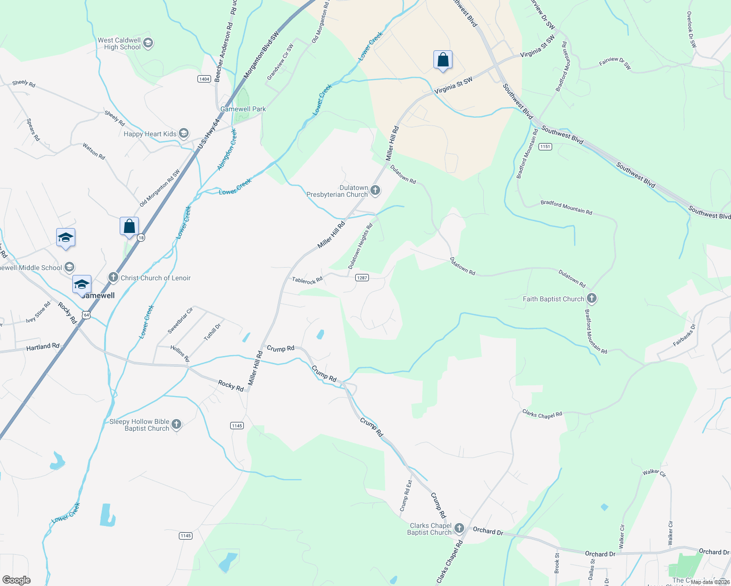map of restaurants, bars, coffee shops, grocery stores, and more near 2239 Staircase Road in Lenoir