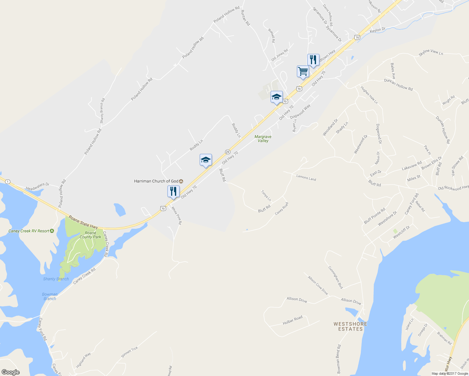 map of restaurants, bars, coffee shops, grocery stores, and more near 2287 Bluff Road in Harriman