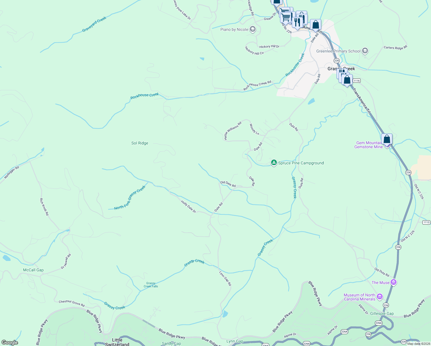 map of restaurants, bars, coffee shops, grocery stores, and more near 212 Old Dale Road in Spruce Pine