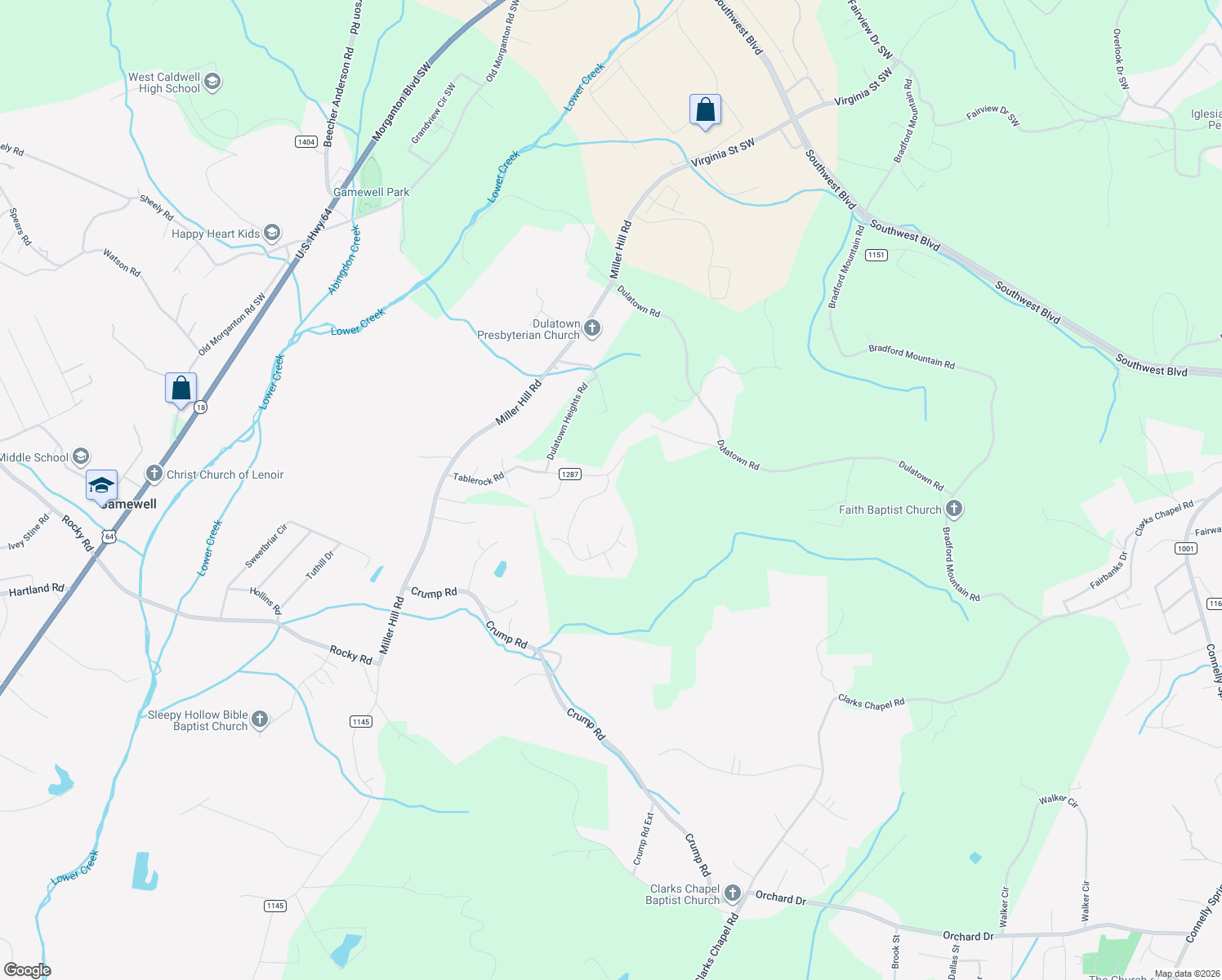 map of restaurants, bars, coffee shops, grocery stores, and more near 2210 Staircase Road in Lenoir