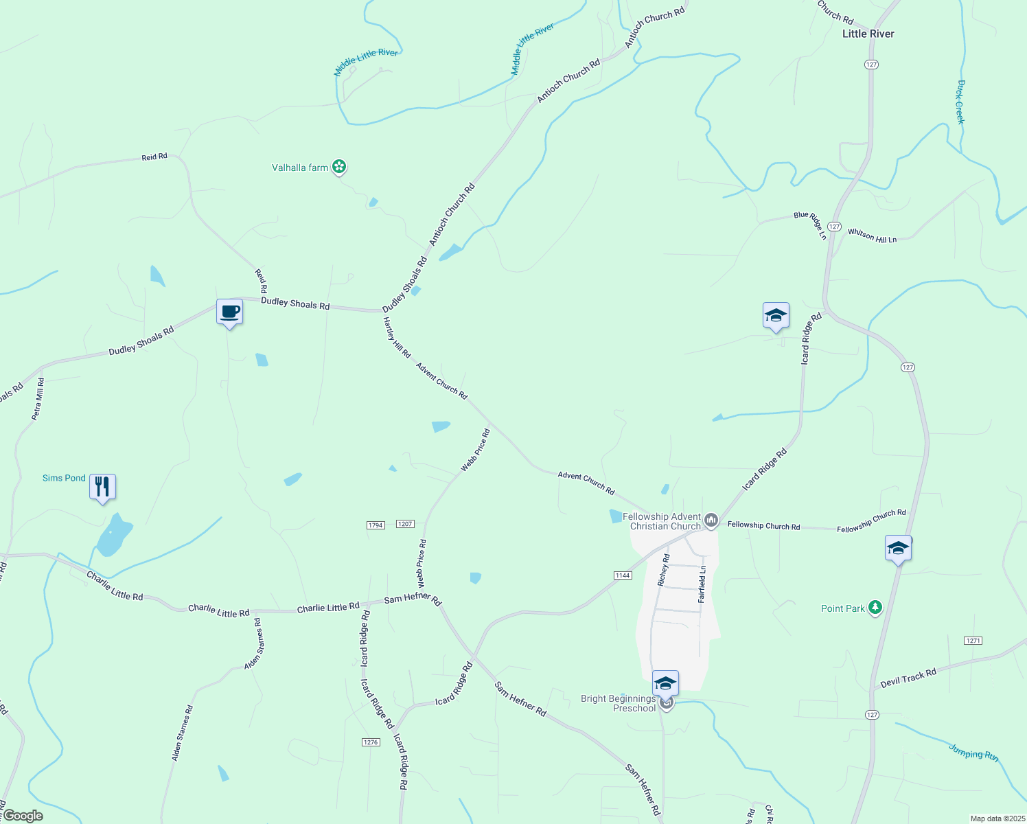 map of restaurants, bars, coffee shops, grocery stores, and more near 810 Advent Church Road in Taylorsville
