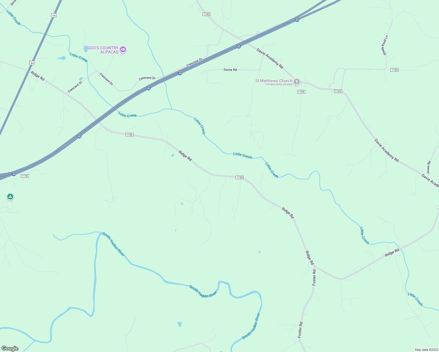 map of restaurants, bars, coffee shops, grocery stores, and more near 1138 Ridge Road in Mocksville