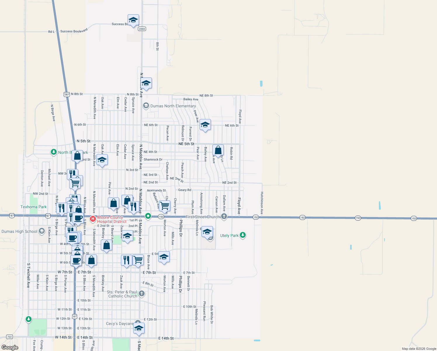 map of restaurants, bars, coffee shops, grocery stores, and more near 206 Carson Ave in Dumas