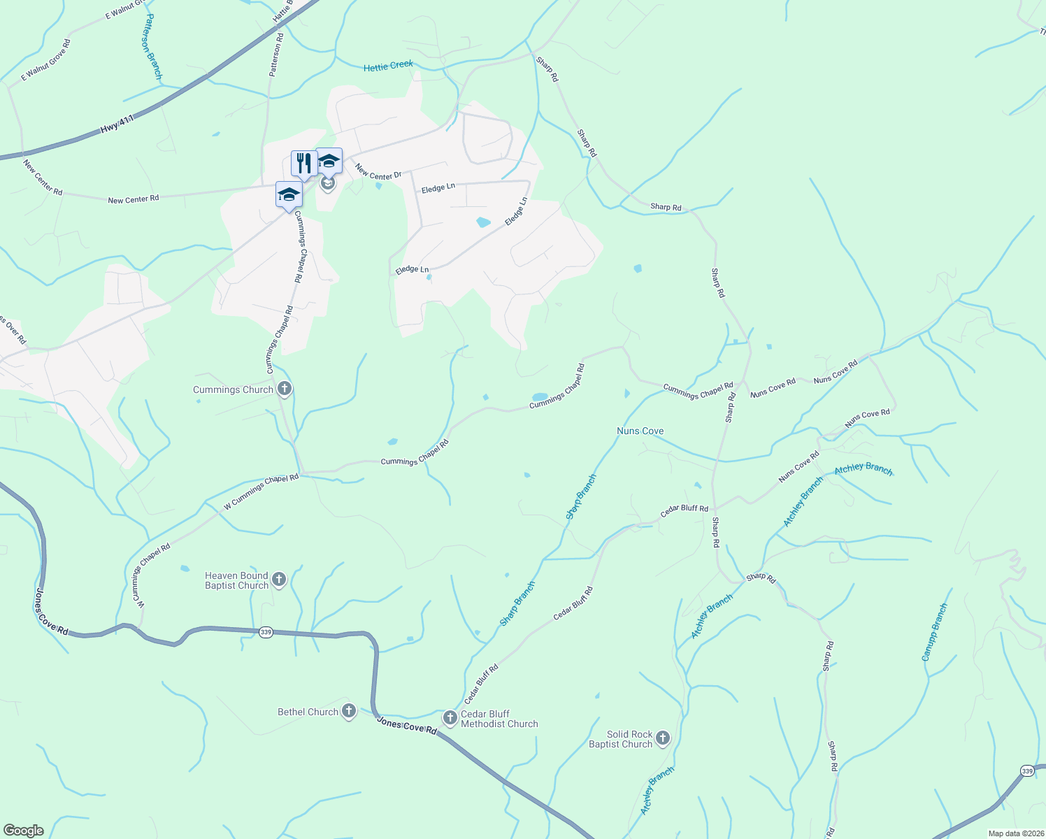 map of restaurants, bars, coffee shops, grocery stores, and more near 1121 Cummings Chapel Road in Sevierville