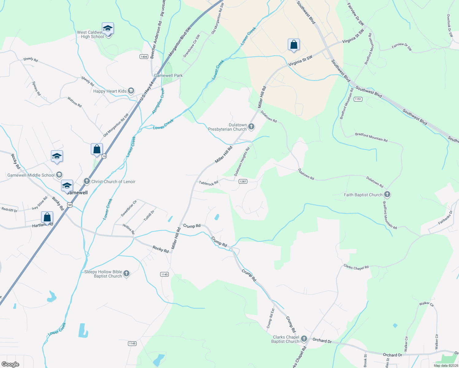 map of restaurants, bars, coffee shops, grocery stores, and more near 2680 Tablerock Rd in Lenoir