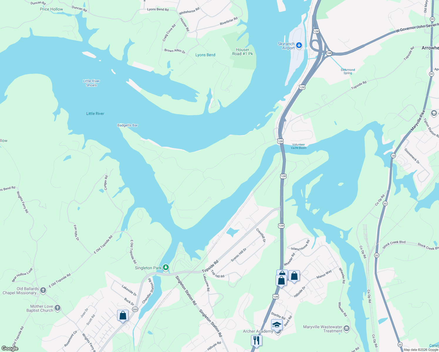 map of restaurants, bars, coffee shops, grocery stores, and more near 7524 Little River Drive in Knoxville