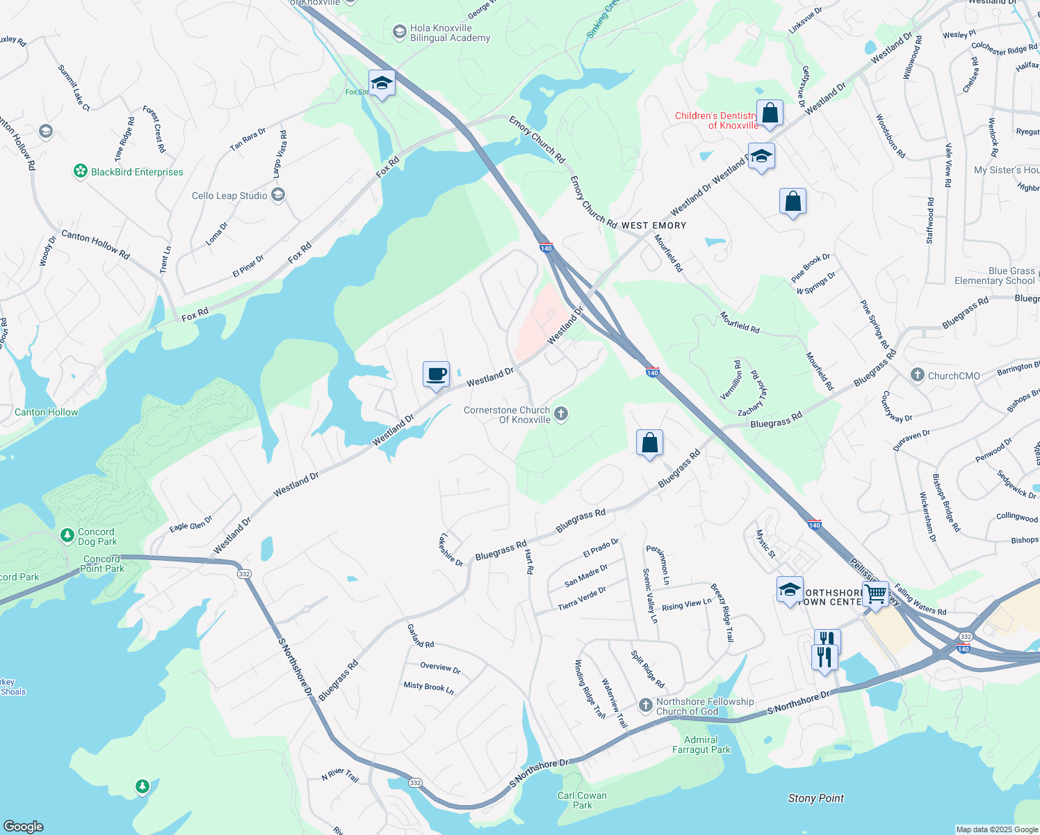 map of restaurants, bars, coffee shops, grocery stores, and more near 1215 Barton Place Lane in Knoxville