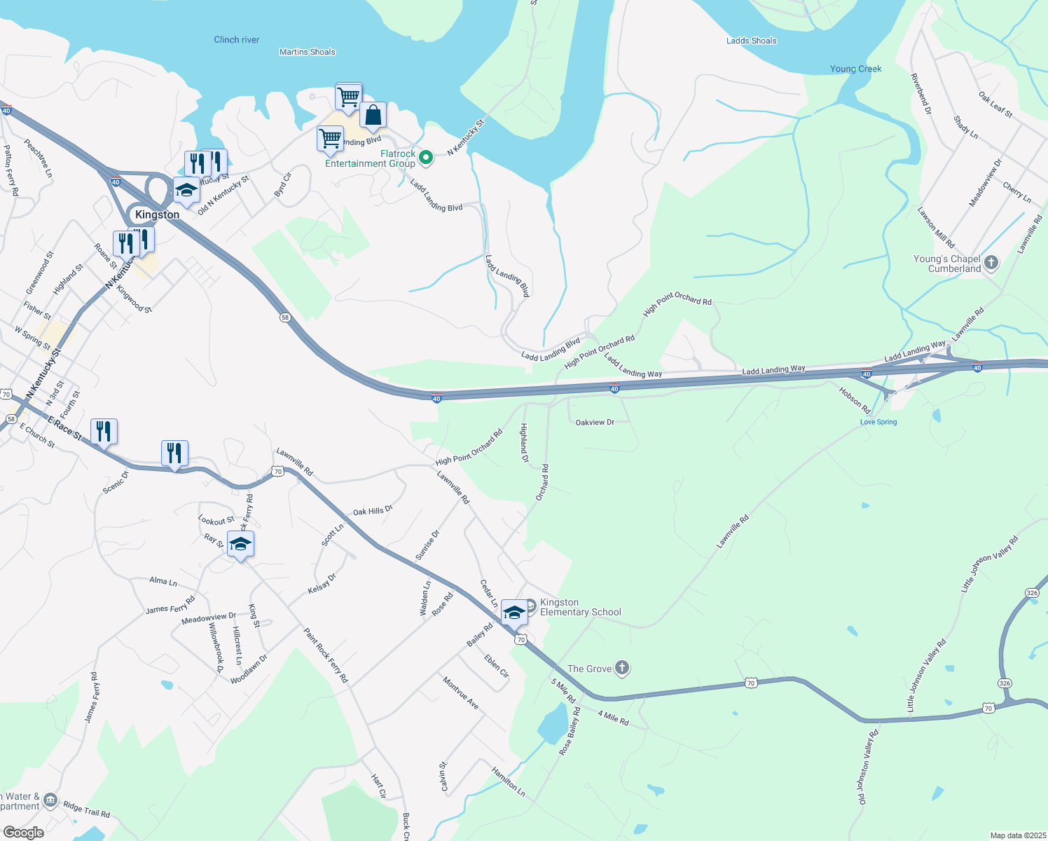 map of restaurants, bars, coffee shops, grocery stores, and more near 107 Highland Drive in Kingston