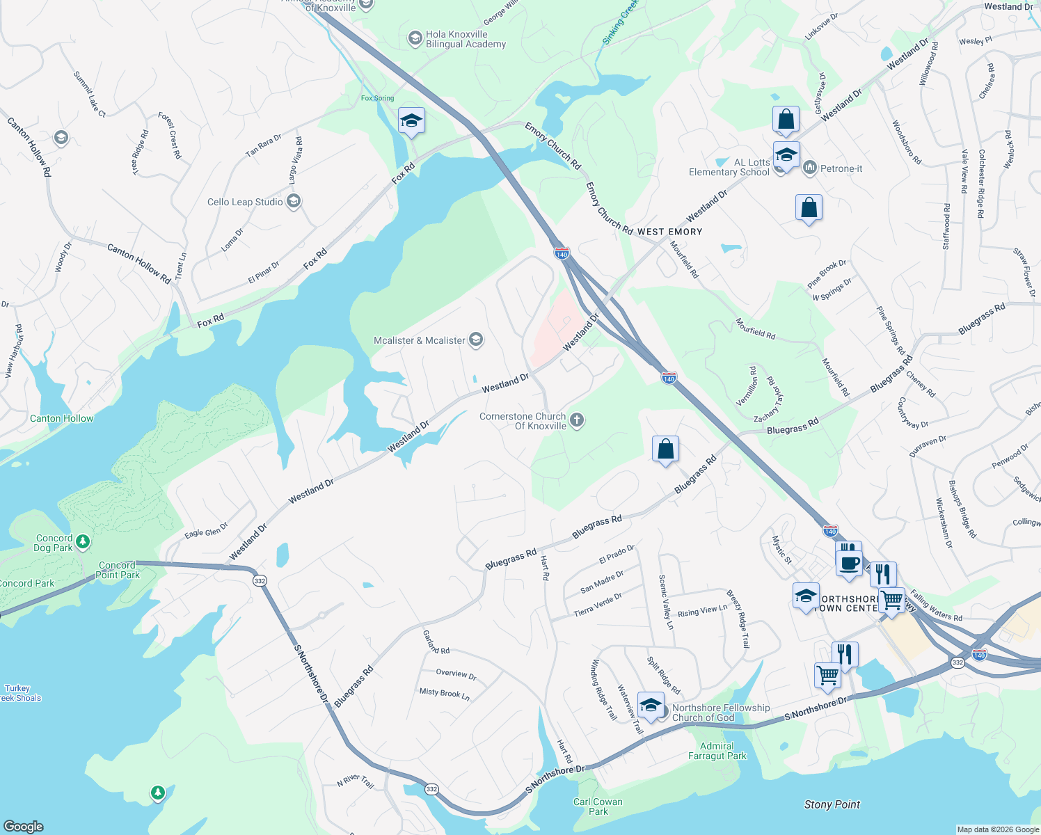 map of restaurants, bars, coffee shops, grocery stores, and more near 1215 Barton Place Lane in Knoxville
