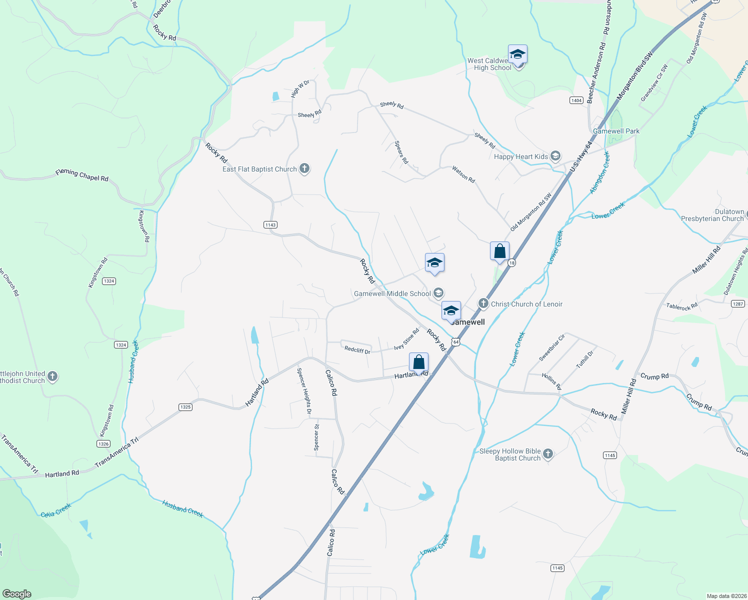 map of restaurants, bars, coffee shops, grocery stores, and more near 4966 Calico Road in Lenoir