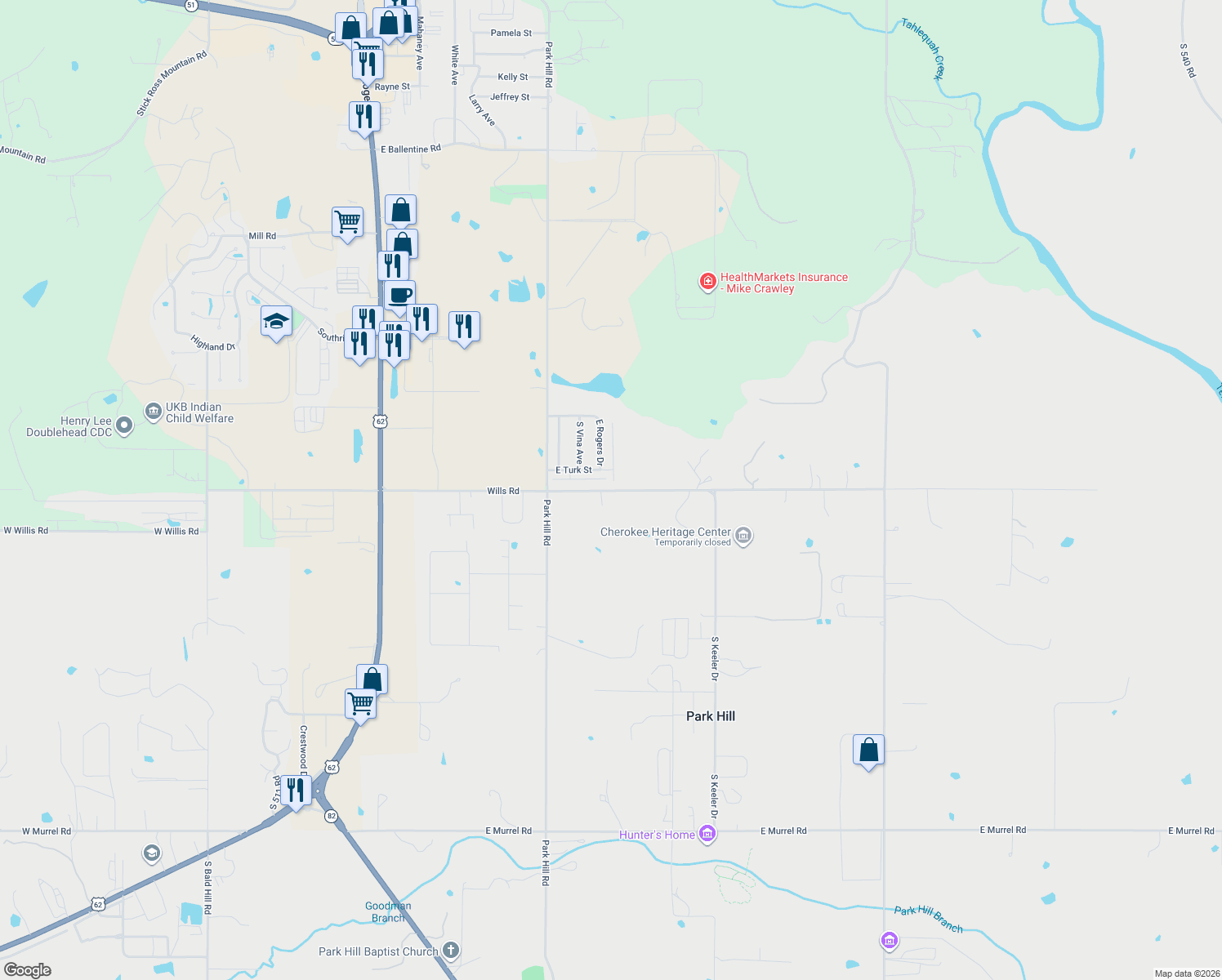 map of restaurants, bars, coffee shops, grocery stores, and more near 19190 East Willis Road in Tahlequah