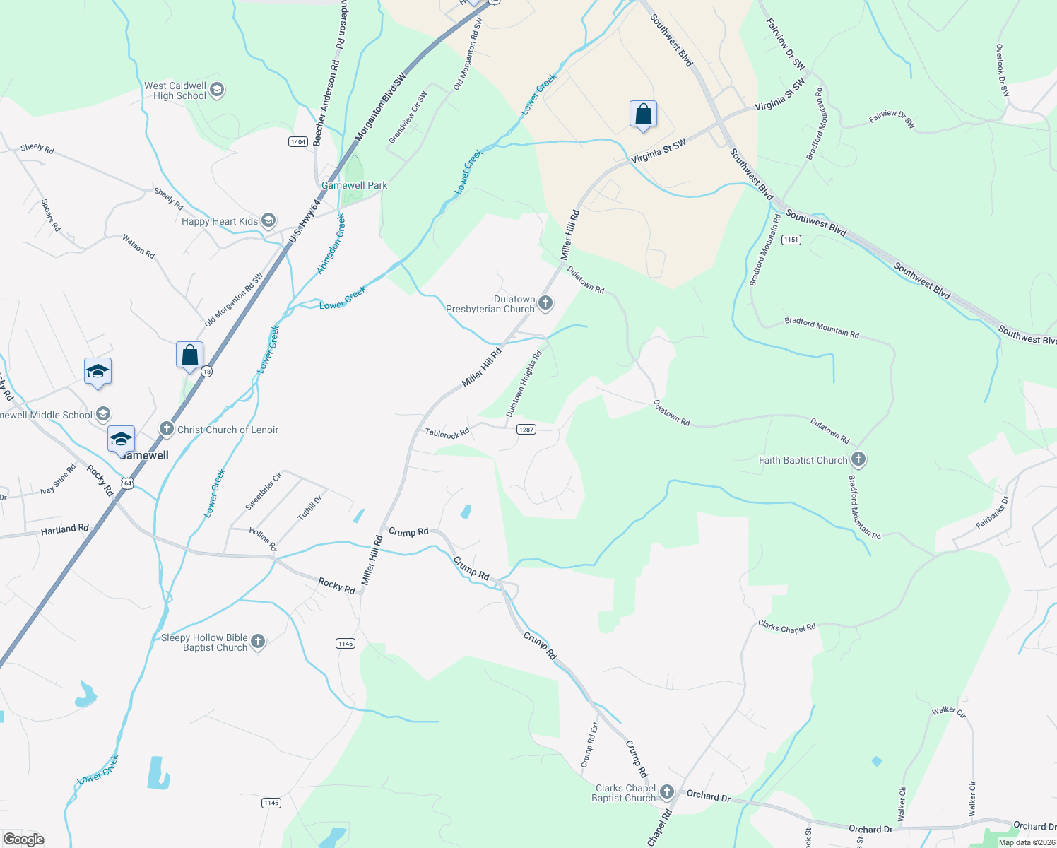 map of restaurants, bars, coffee shops, grocery stores, and more near 2704 Tablerock Road in Lenoir
