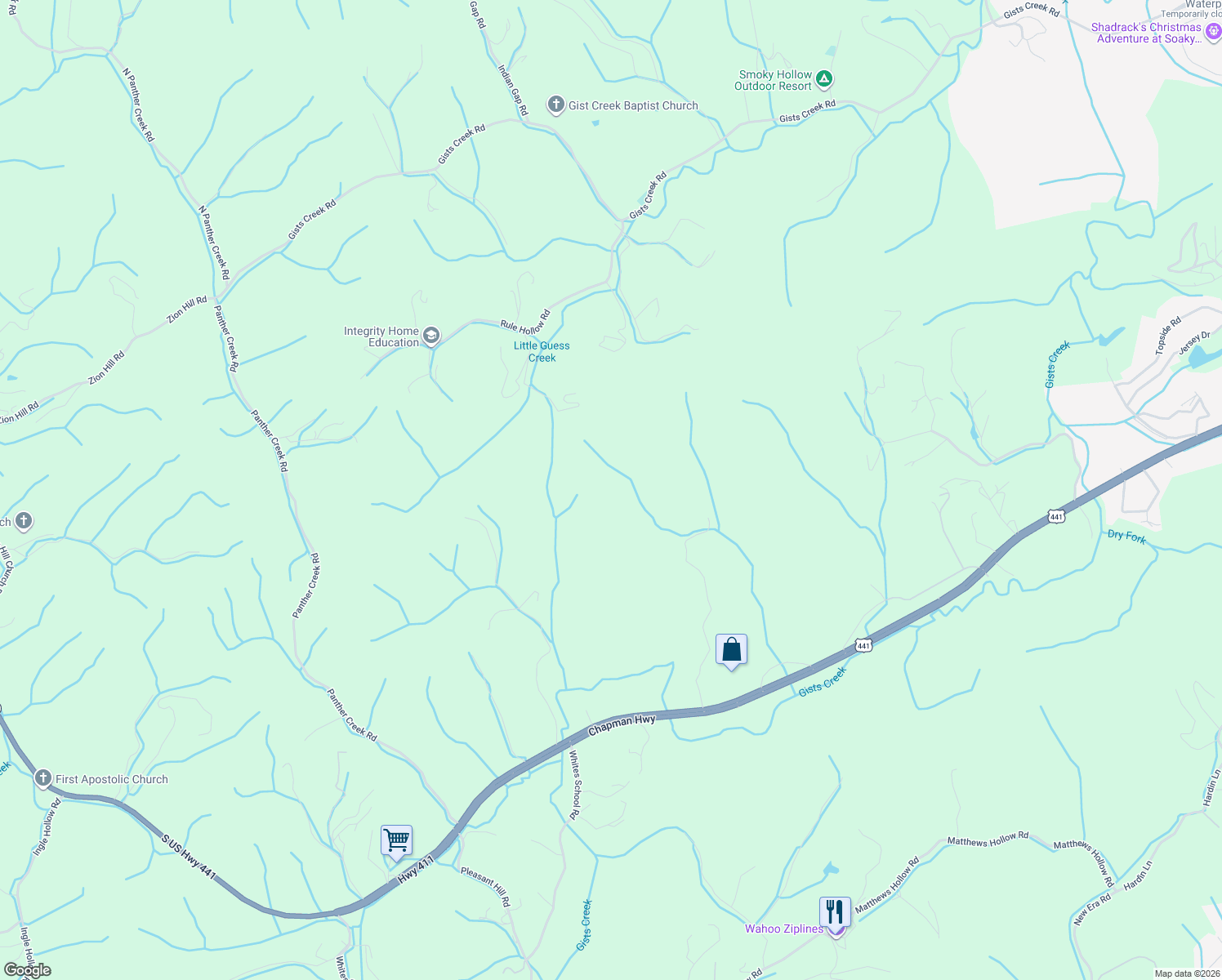 map of restaurants, bars, coffee shops, grocery stores, and more near 255 North Ridge Road in Sevierville