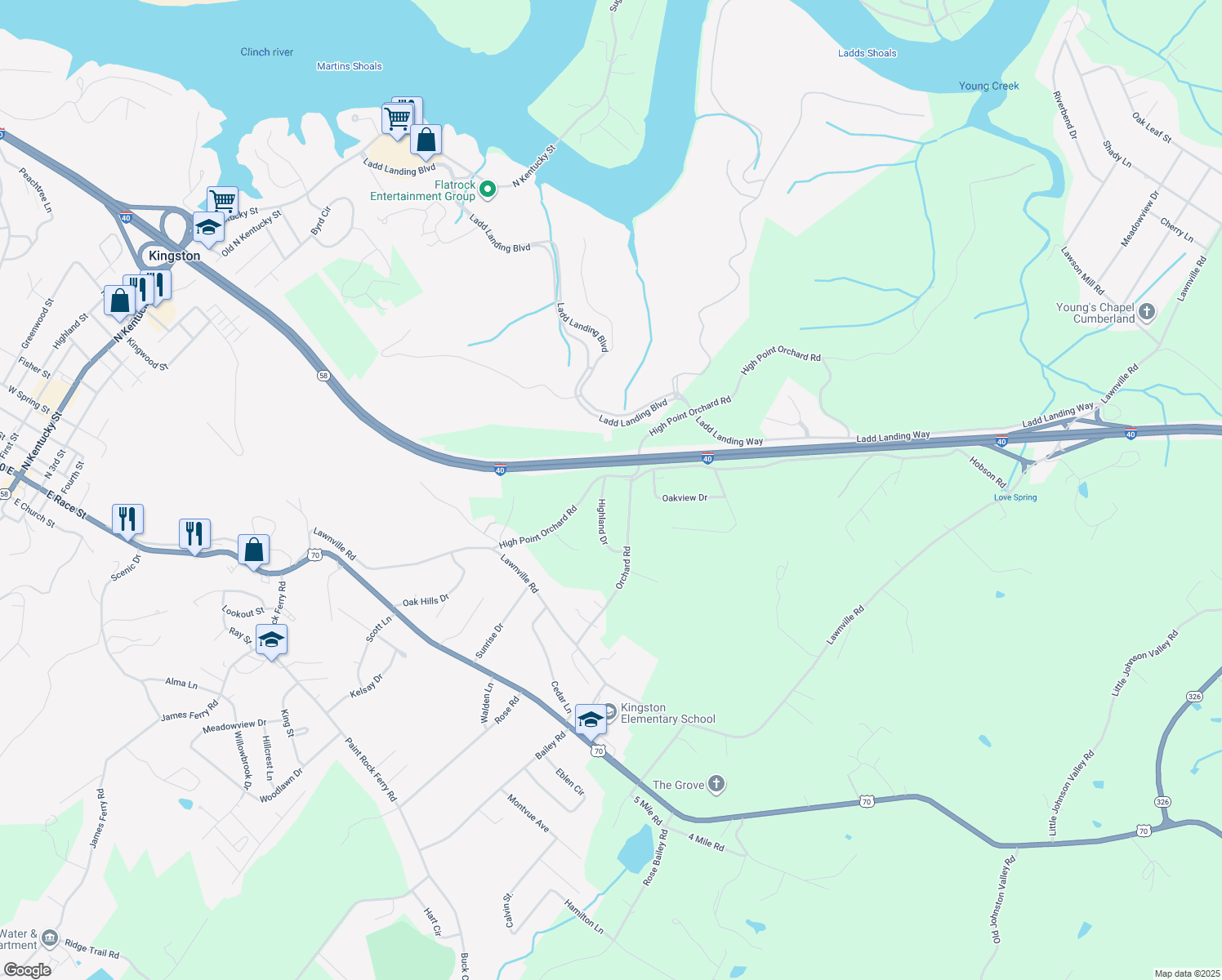 map of restaurants, bars, coffee shops, grocery stores, and more near 107 Highland Drive in Kingston