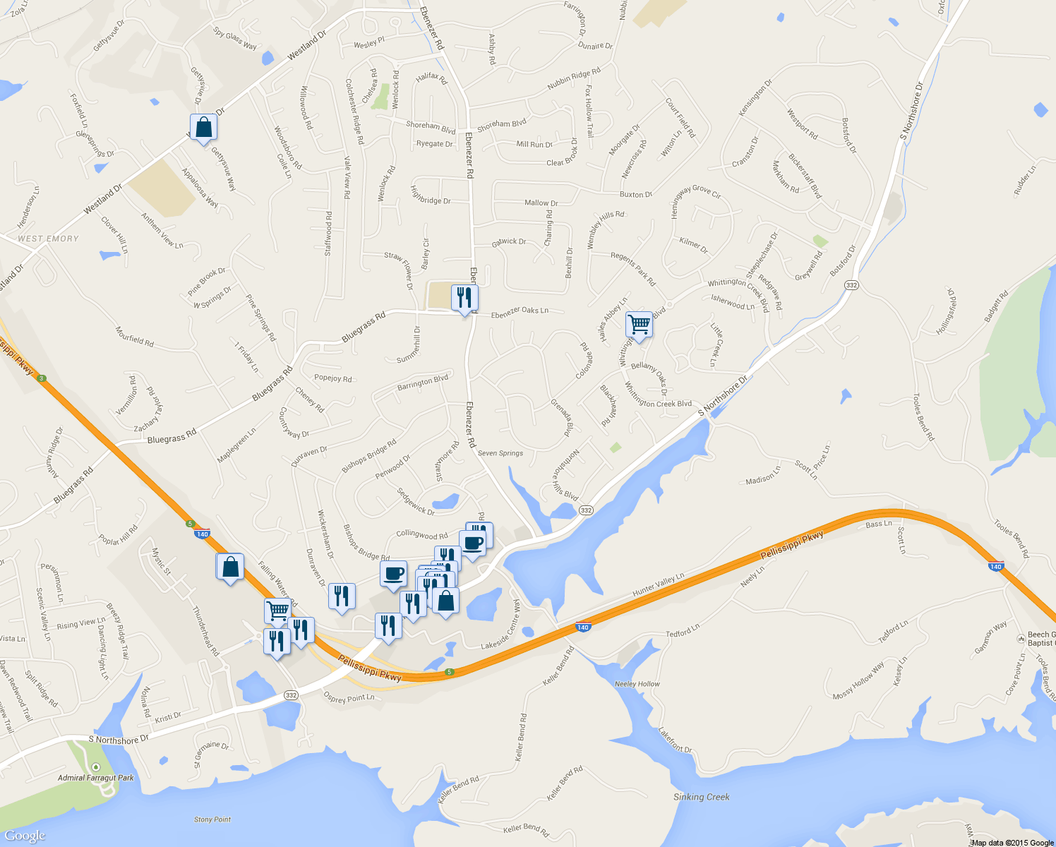 map of restaurants, bars, coffee shops, grocery stores, and more near 1725 Capistrano Drive in Knoxville