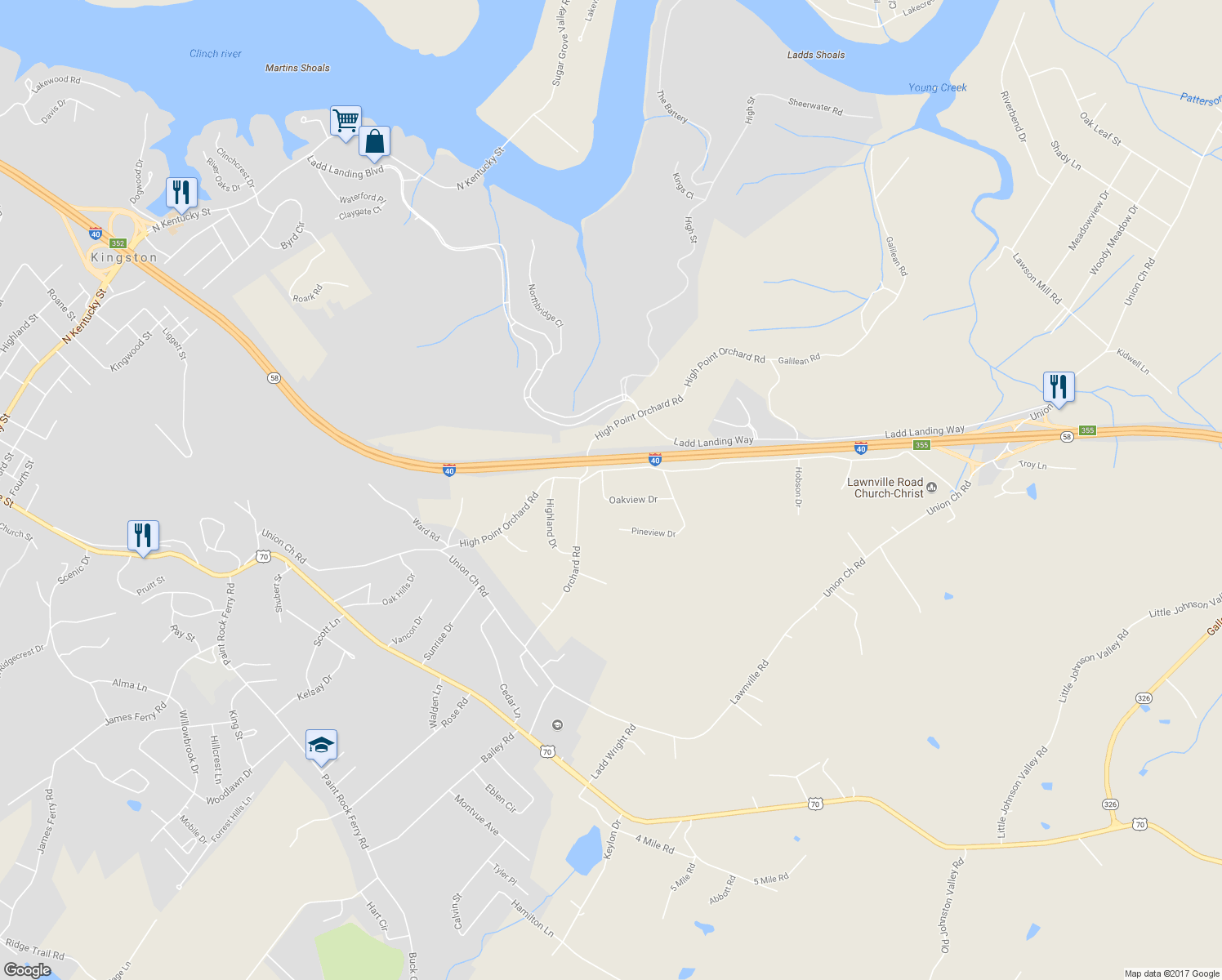 map of restaurants, bars, coffee shops, grocery stores, and more near 115 Oakview Drive in Kingston