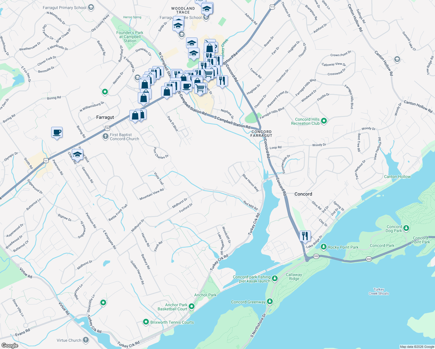 map of restaurants, bars, coffee shops, grocery stores, and more near 511 Windlass Road in Knoxville