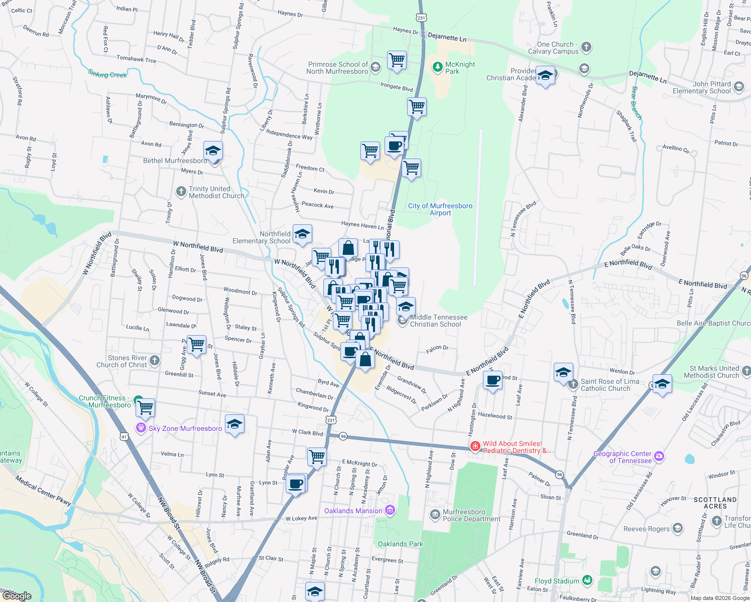 map of restaurants, bars, coffee shops, grocery stores, and more near 1801 Memorial Boulevard in Murfreesboro