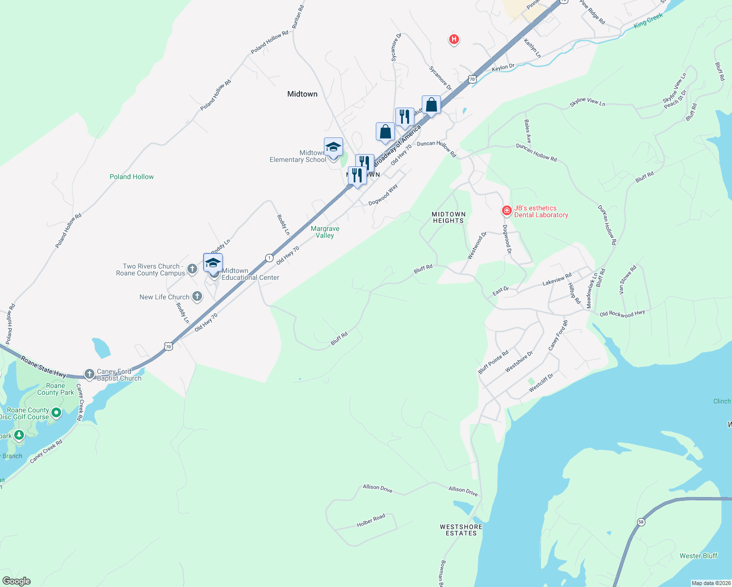 map of restaurants, bars, coffee shops, grocery stores, and more near 105 Montcrest Ln in Harriman