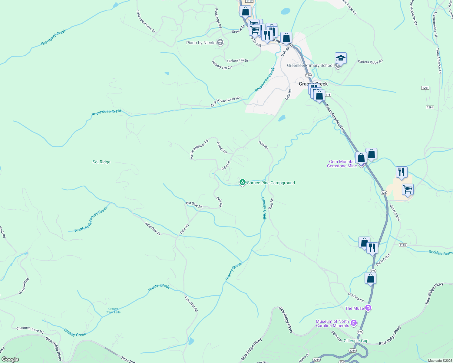map of restaurants, bars, coffee shops, grocery stores, and more near 12129 Spruce Pine Campground Road in Spruce Pine