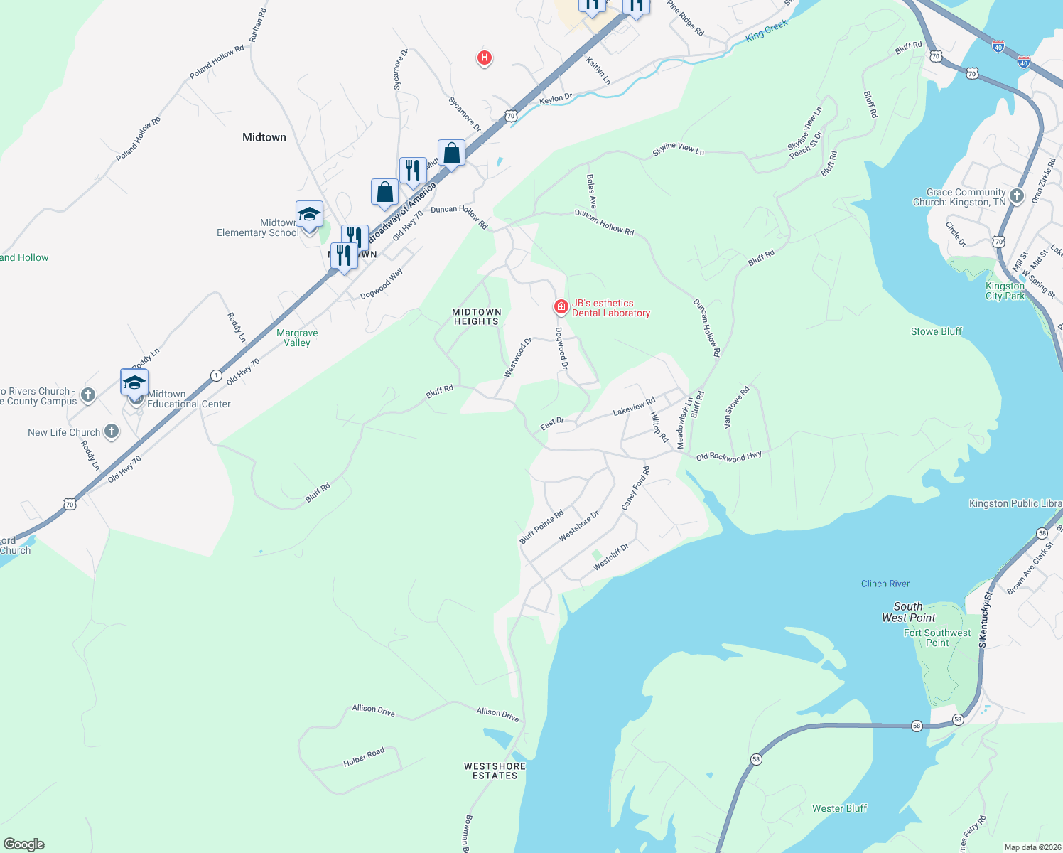 map of restaurants, bars, coffee shops, grocery stores, and more near 104 East Drive in Harriman