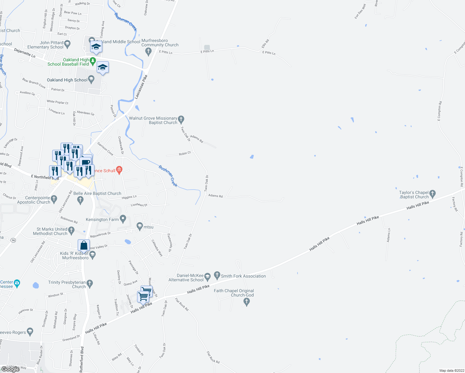 map of restaurants, bars, coffee shops, grocery stores, and more near Adams Road in Murfreesboro