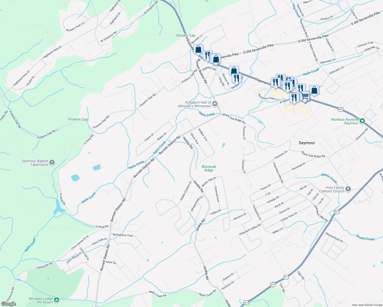 map of restaurants, bars, coffee shops, grocery stores, and more near 813 Hinkle Rd in Seymour