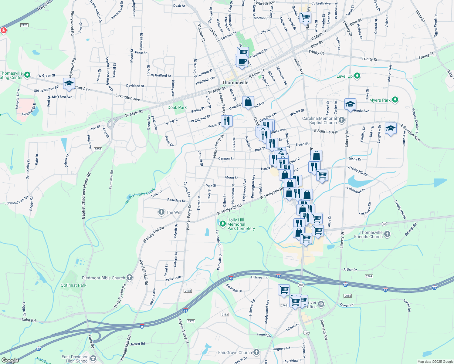map of restaurants, bars, coffee shops, grocery stores, and more near 605 Dillon Street in Thomasville