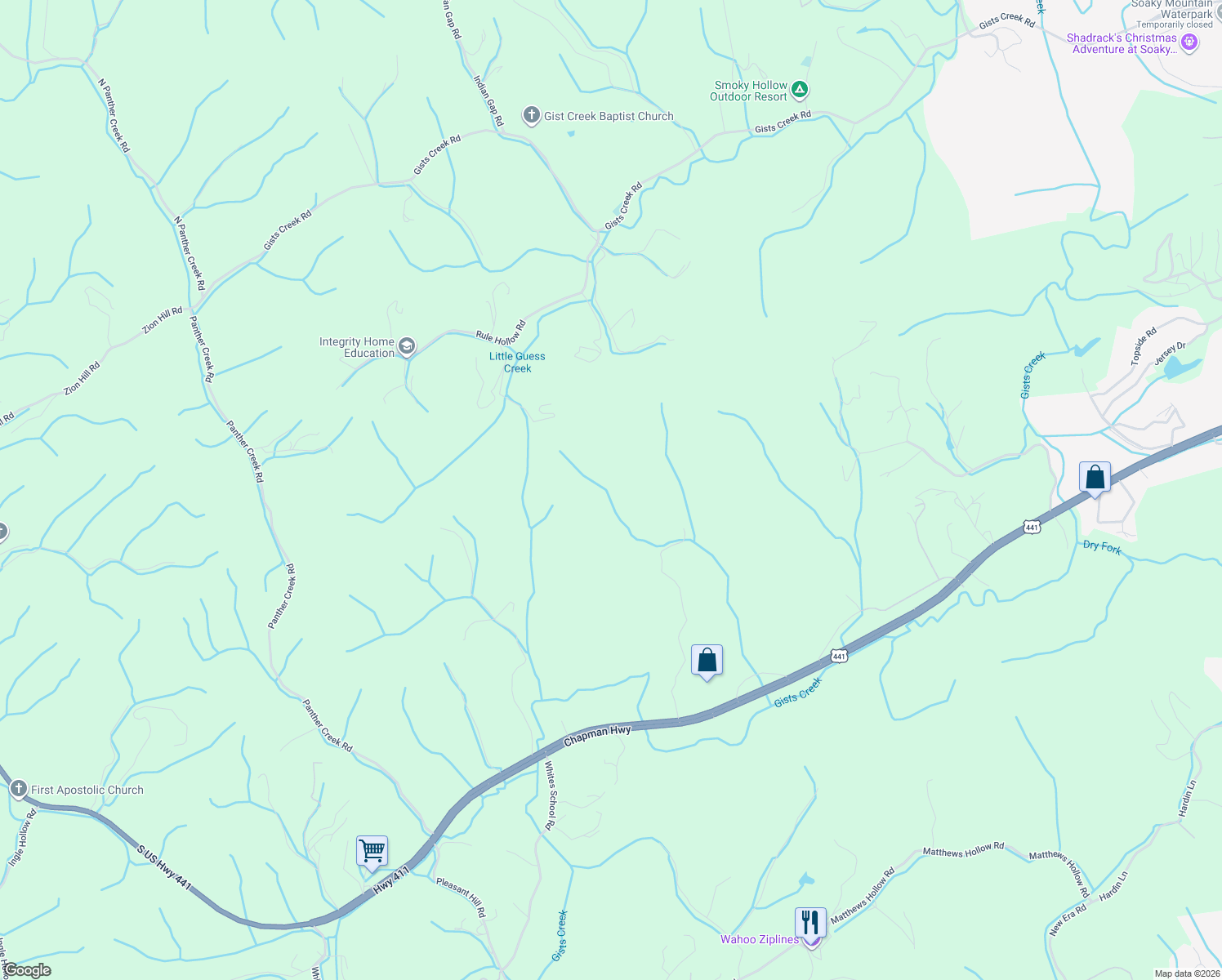 map of restaurants, bars, coffee shops, grocery stores, and more near 255 North Ridge Road in Sevierville