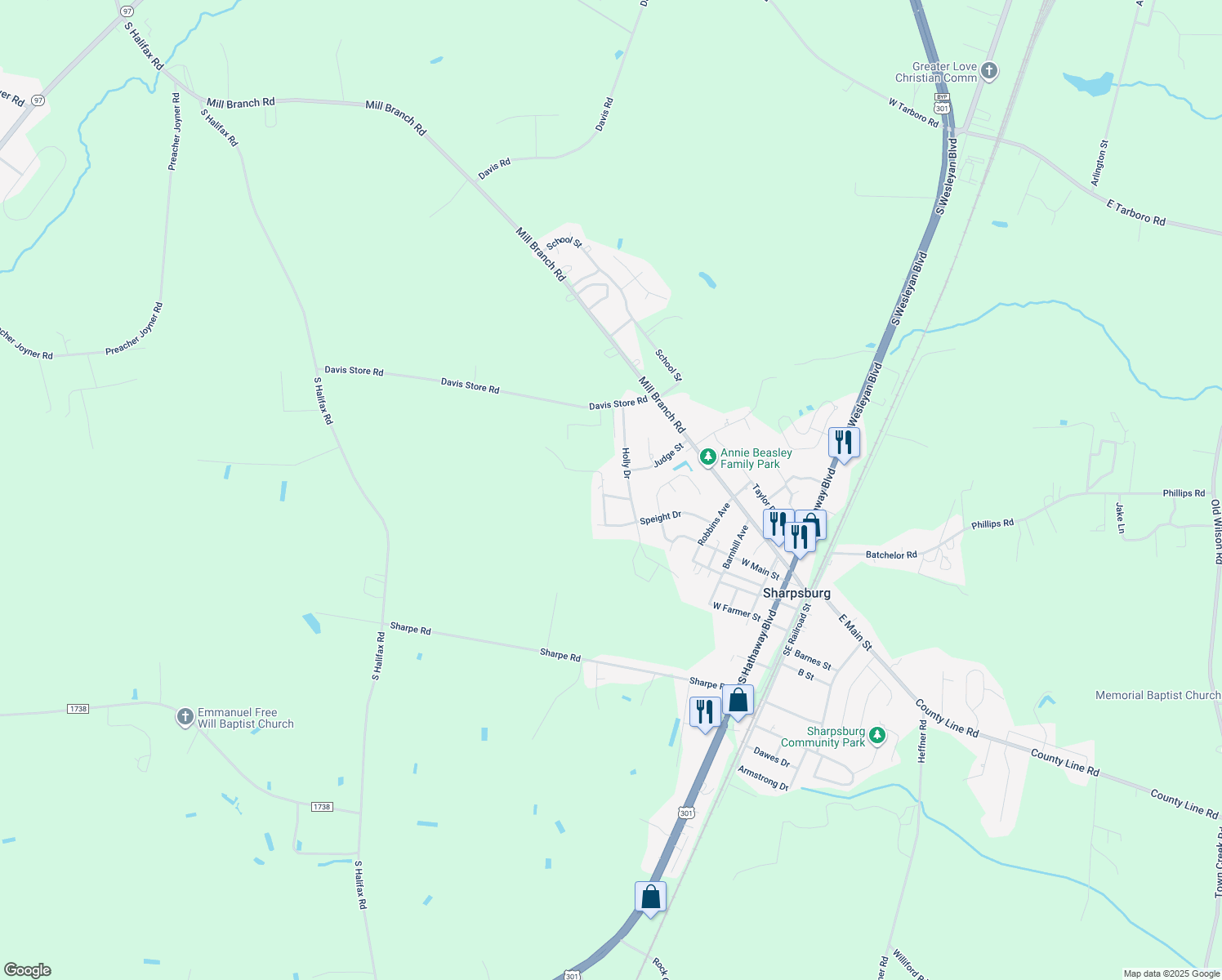 map of restaurants, bars, coffee shops, grocery stores, and more near 301 Oak Forest Drive Northwest in Rocky Mount