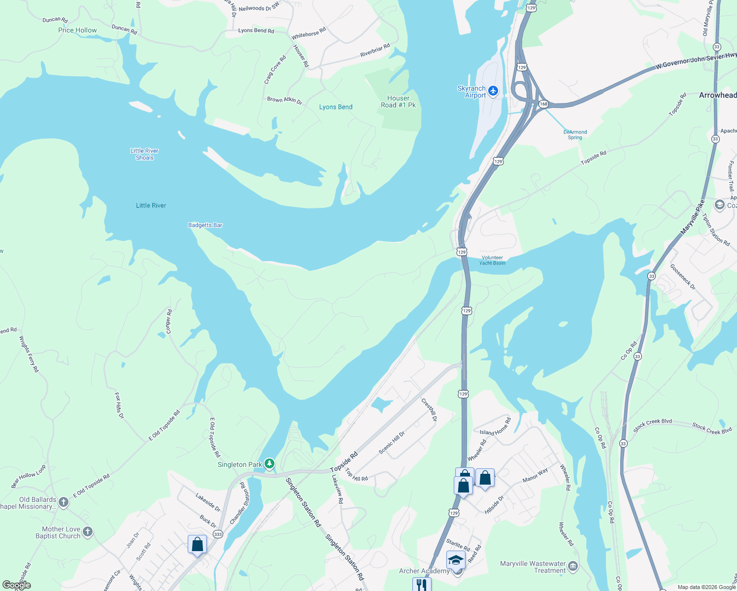 map of restaurants, bars, coffee shops, grocery stores, and more near 7524 Little River Drive in Knoxville