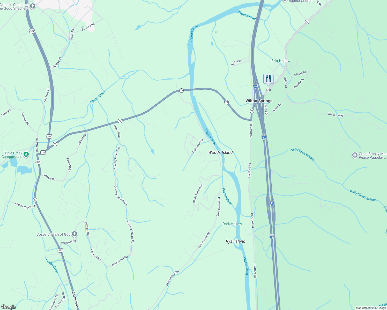 map of restaurants, bars, coffee shops, grocery stores, and more near 2044 Misty Mountain Way in Cosby