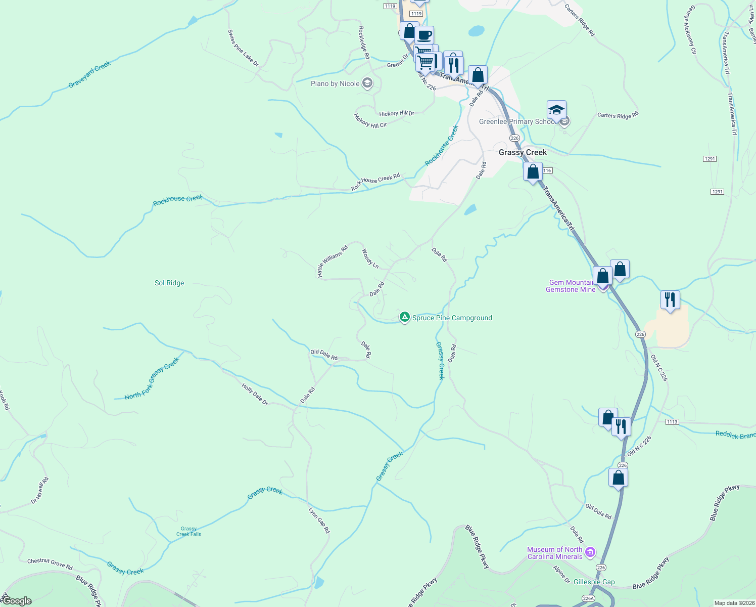 map of restaurants, bars, coffee shops, grocery stores, and more near Spruce Pine Campground Rd in Spruce Pine