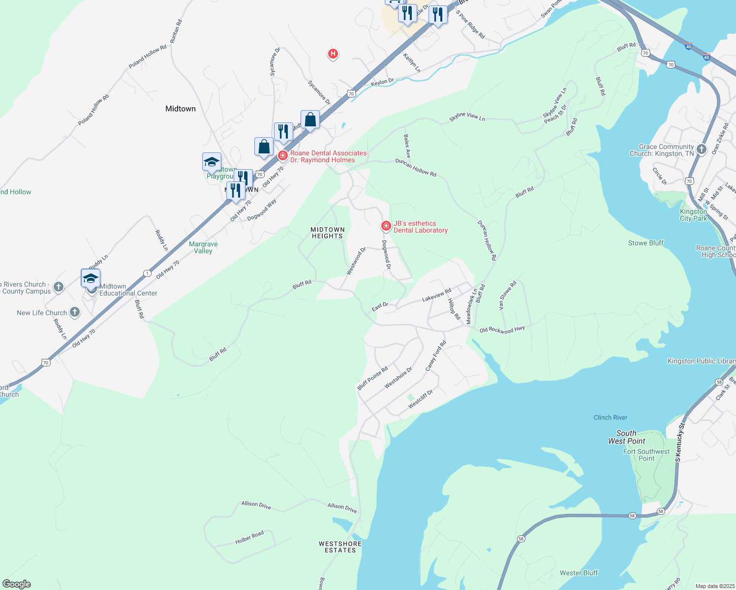 map of restaurants, bars, coffee shops, grocery stores, and more near 1727 Bluff Road in Harriman