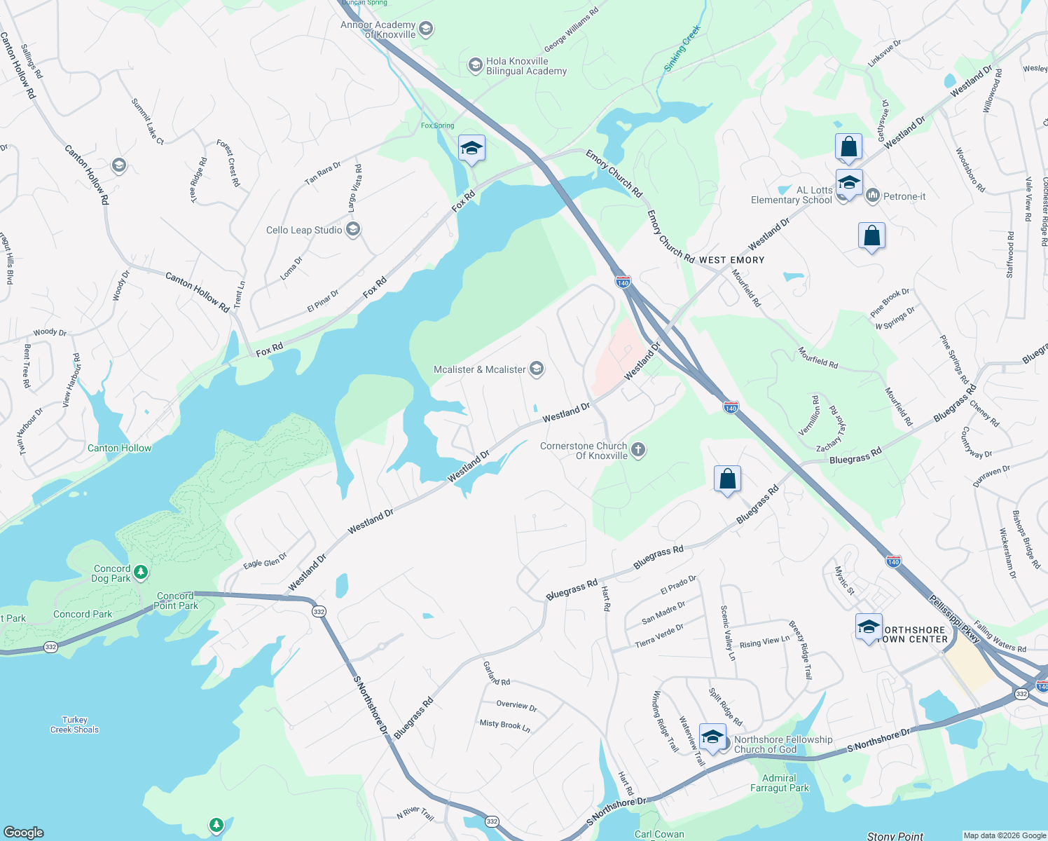 map of restaurants, bars, coffee shops, grocery stores, and more near 1019 Andover View Lane in Knoxville