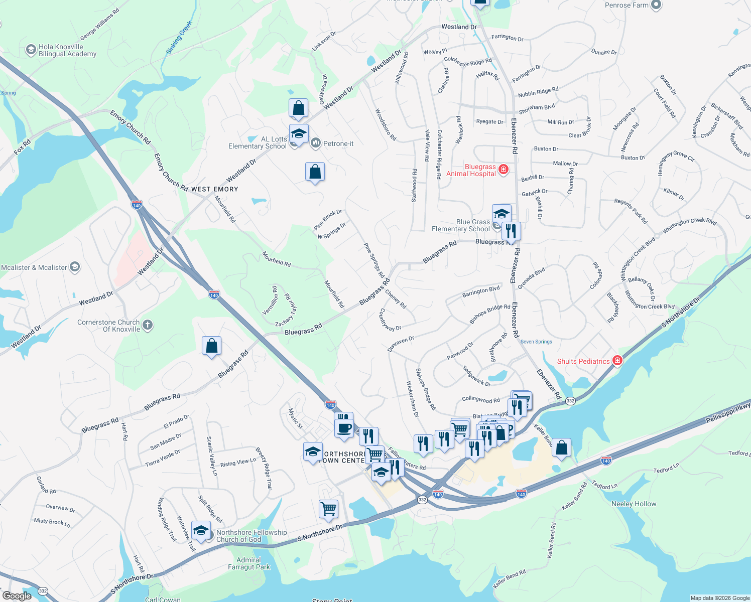 map of restaurants, bars, coffee shops, grocery stores, and more near 9212 Bluegrass Rd in Knoxville