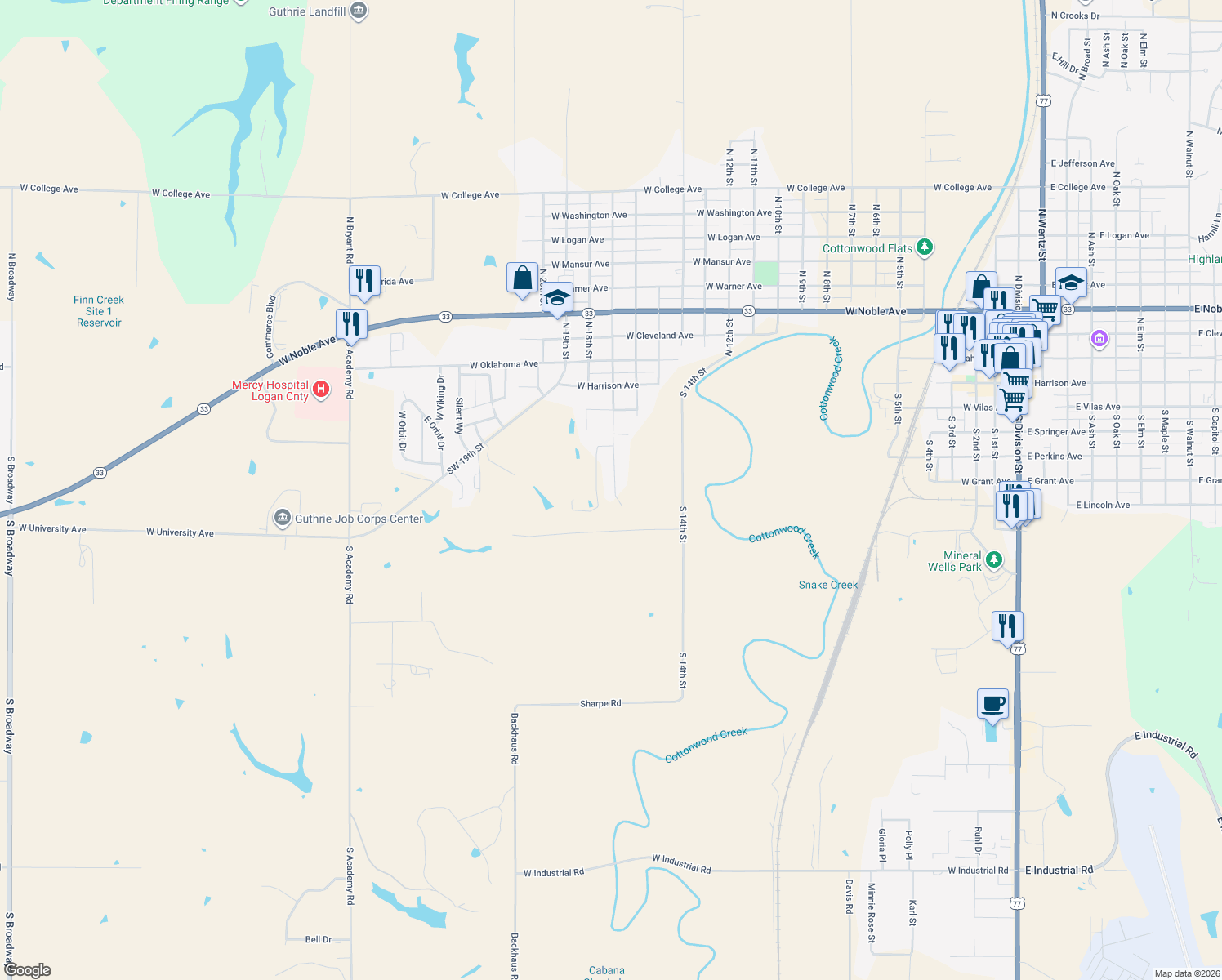 map of restaurants, bars, coffee shops, grocery stores, and more near 607 Lombardy Road in Guthrie