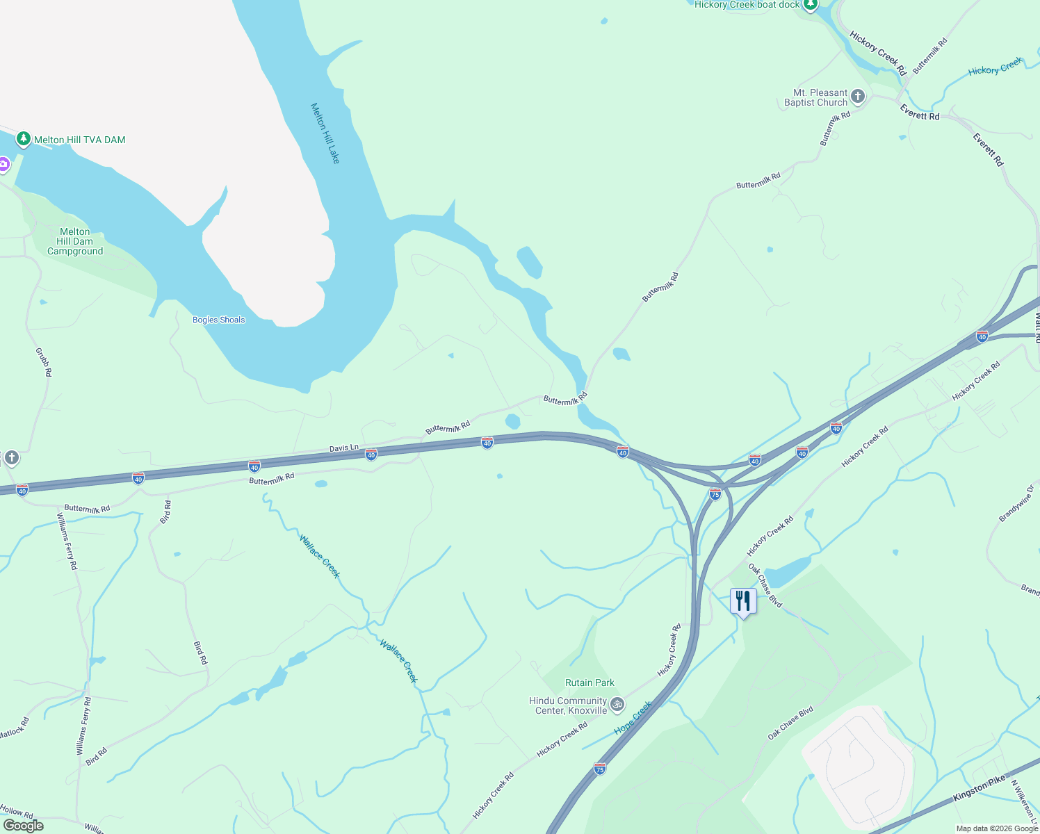 map of restaurants, bars, coffee shops, grocery stores, and more near 14850 Buttermilk Road in Lenoir City