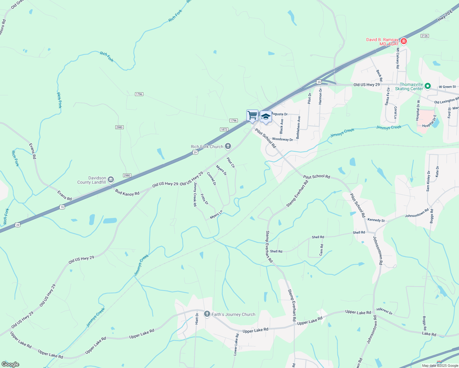 map of restaurants, bars, coffee shops, grocery stores, and more near 303 Myers Drive in Thomasville
