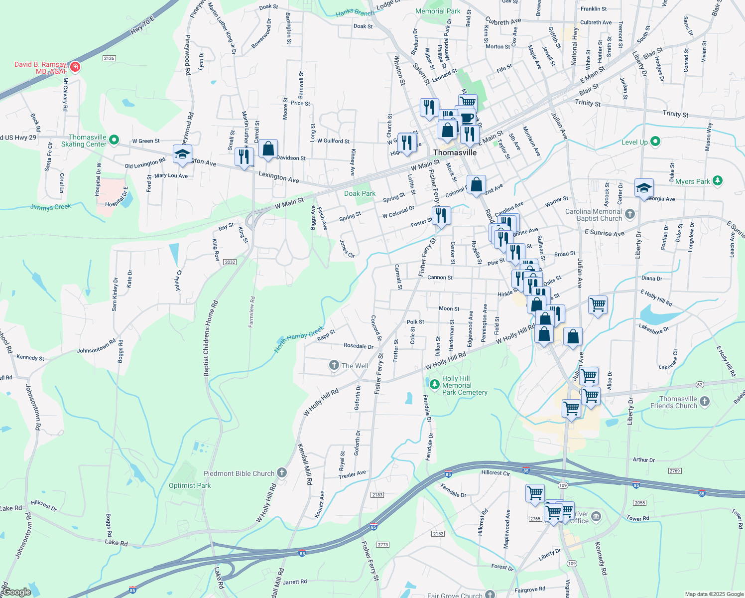 map of restaurants, bars, coffee shops, grocery stores, and more near 508 Concord Street in Thomasville