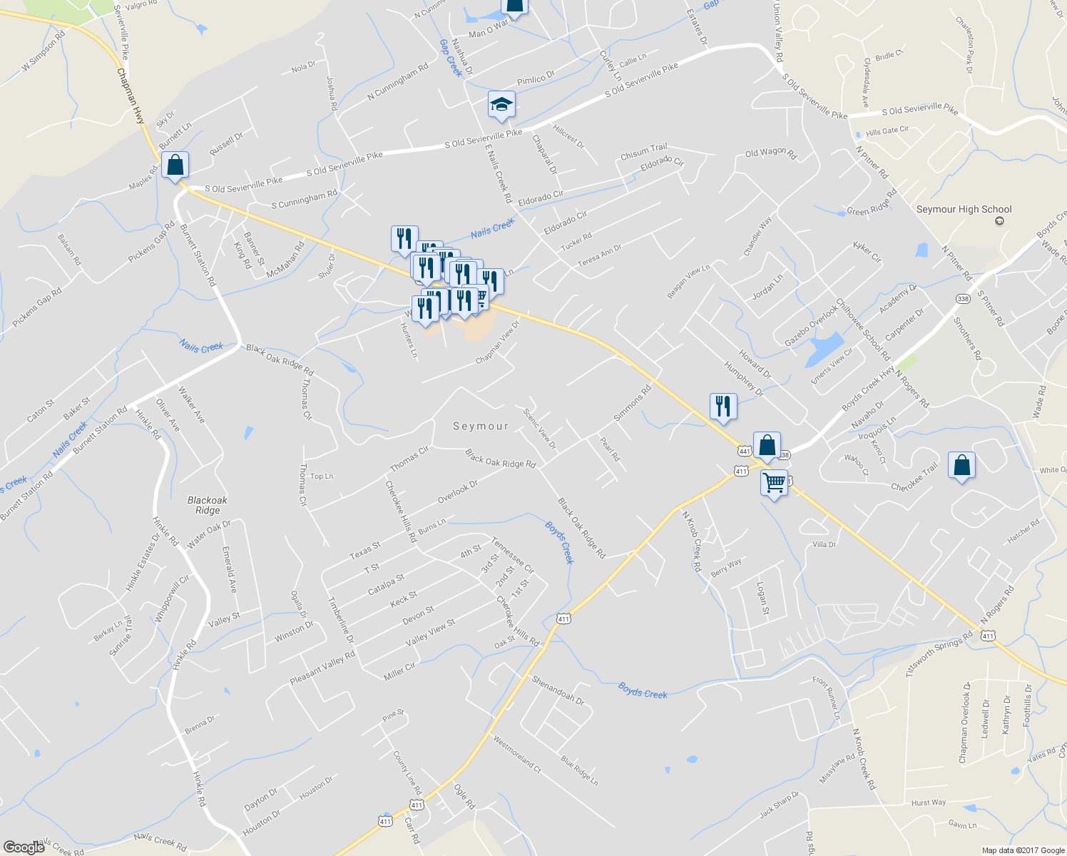 map of restaurants, bars, coffee shops, grocery stores, and more near 525 Scenic View Drive in Seymour