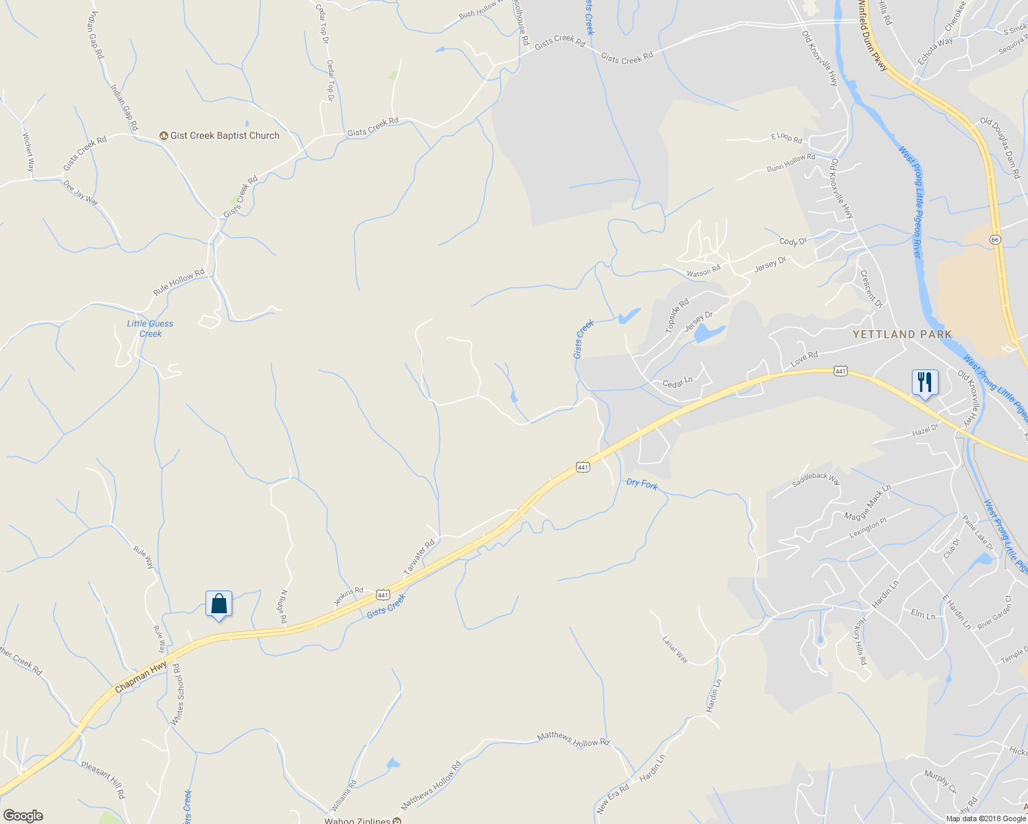 map of restaurants, bars, coffee shops, grocery stores, and more near 270 Bob Hollow Road in Pigeon Forge