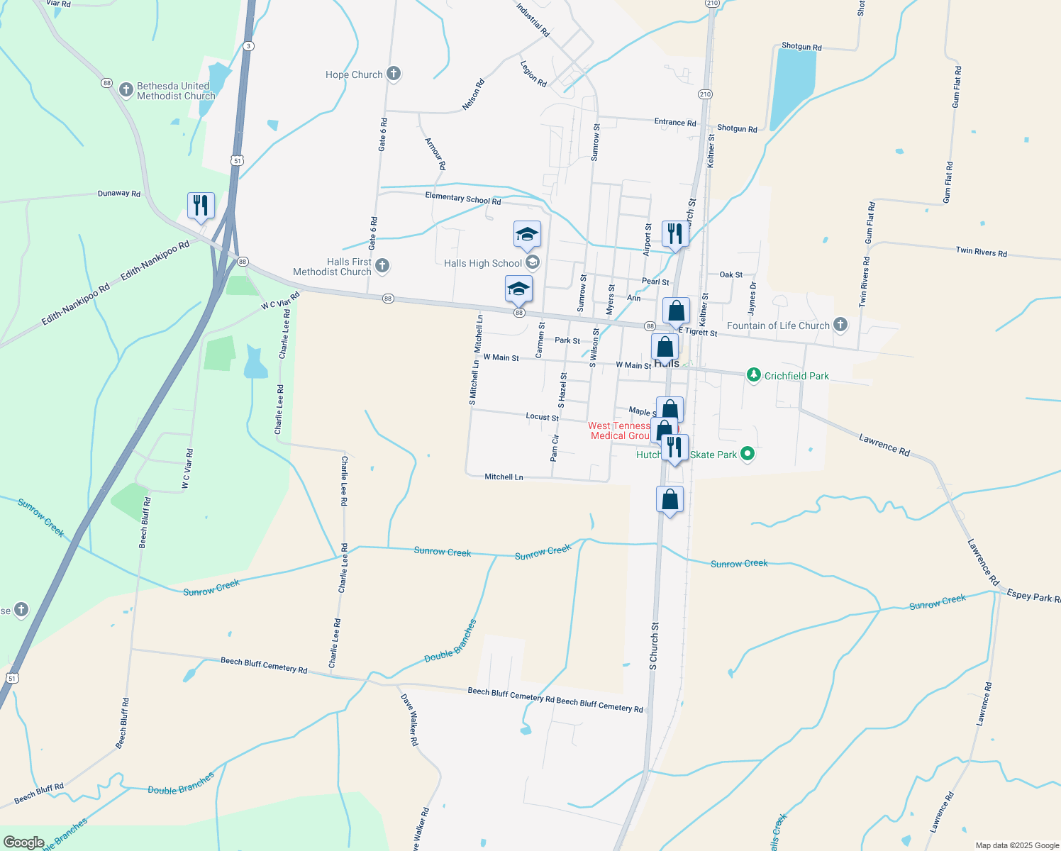 map of restaurants, bars, coffee shops, grocery stores, and more near 535 Locust St in Halls