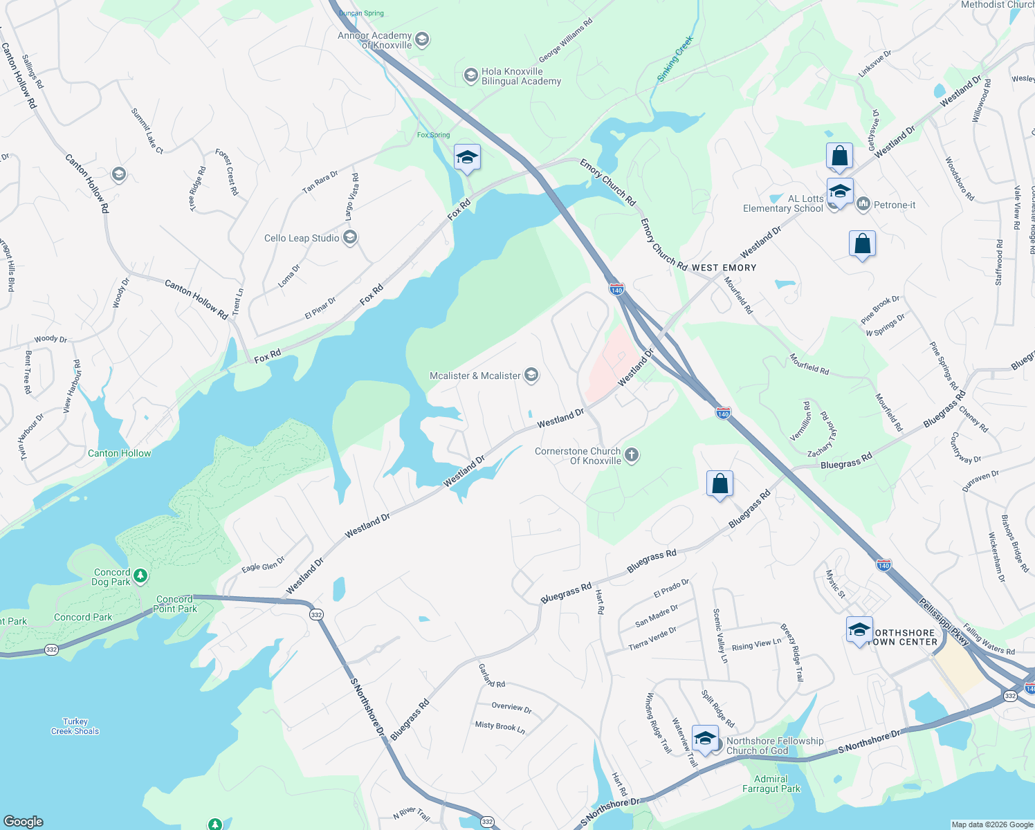 map of restaurants, bars, coffee shops, grocery stores, and more near 1019 Andover View Lane in Knoxville