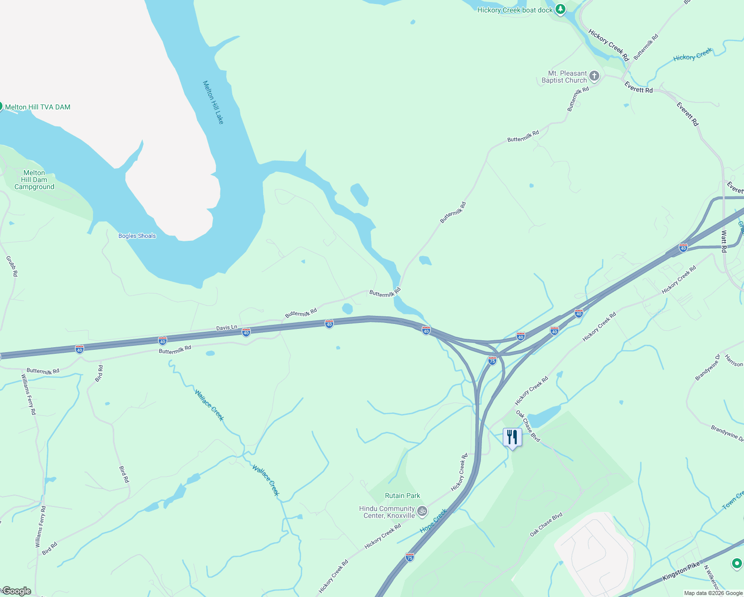 map of restaurants, bars, coffee shops, grocery stores, and more near 15950 Buttermilk Road in Lenoir City