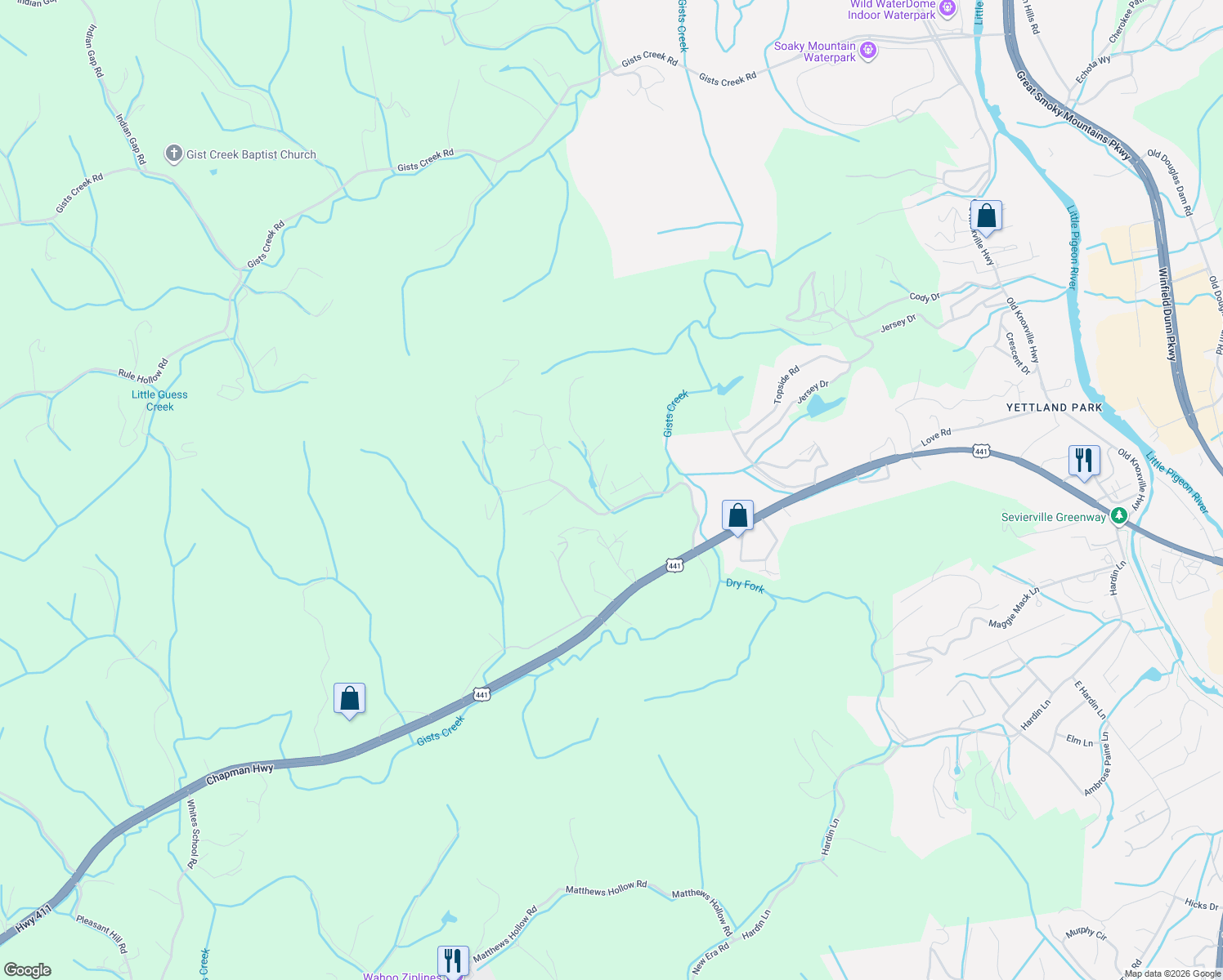 map of restaurants, bars, coffee shops, grocery stores, and more near 270 Bob Hollow Road in Pigeon Forge