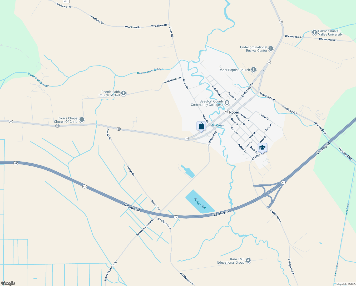 map of restaurants, bars, coffee shops, grocery stores, and more near 6992 North Carolina 32 in Roper
