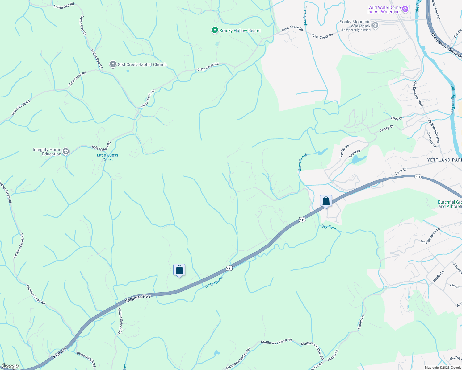 map of restaurants, bars, coffee shops, grocery stores, and more near 382 Bob Hollow Road in Sevierville